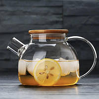 Чайник для чая стеклянный заварочный 1000 мл с деревянной крышкой, из жаропрочного стекла, прозрачный