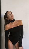Женское боди черное с открытыми плечами декольте с чокером базовое нарядное