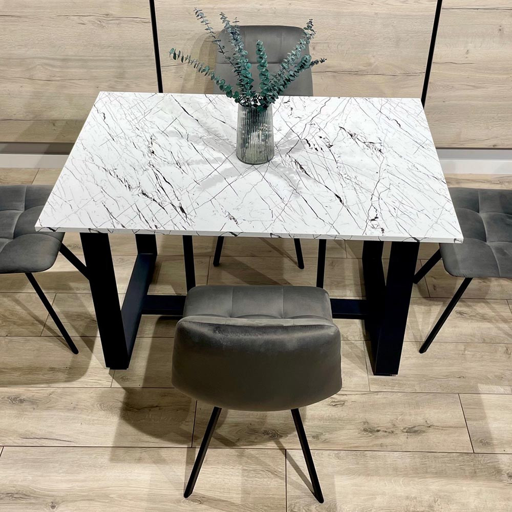 Стіл обідній на 6 персон Tenerife 140х80 см білий матовий мармур на чорних металевих ніжках для кухні, фото 1