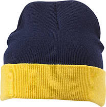 В'язана шапка з відворотом комбінована колір темно-синій/жовтий mb7550