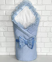 Конверт - ковдра з мереживним куточком демісезонний для виписки з пологового будинку Казка 85х85 см Lari Блакитний
