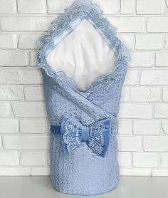 Конверт - ковдра з мереживним куточком демісезонний для виписки з пологового будинку Казка 85х85 см Lari Блакитний