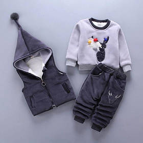 Велюровий дитячий костюм трійка для хлопчика та дівчинки теплий з хутром усередині темно-сірий 80 р