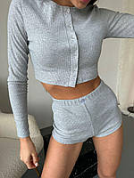 Женская пижама/домашний костюм шорты + топ с длинным рукавом в рубчик серый черный молочный синий