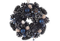 Вінок новорічний з шишок, листя та ягід, 25см, колір - морський синій RM7-354 ЗАЛИШОК