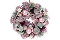 Венок новогодний с декором из шишек, шаров и ягод, 26см, цвет - розовый с бордо 743-771 ОСТАТОК