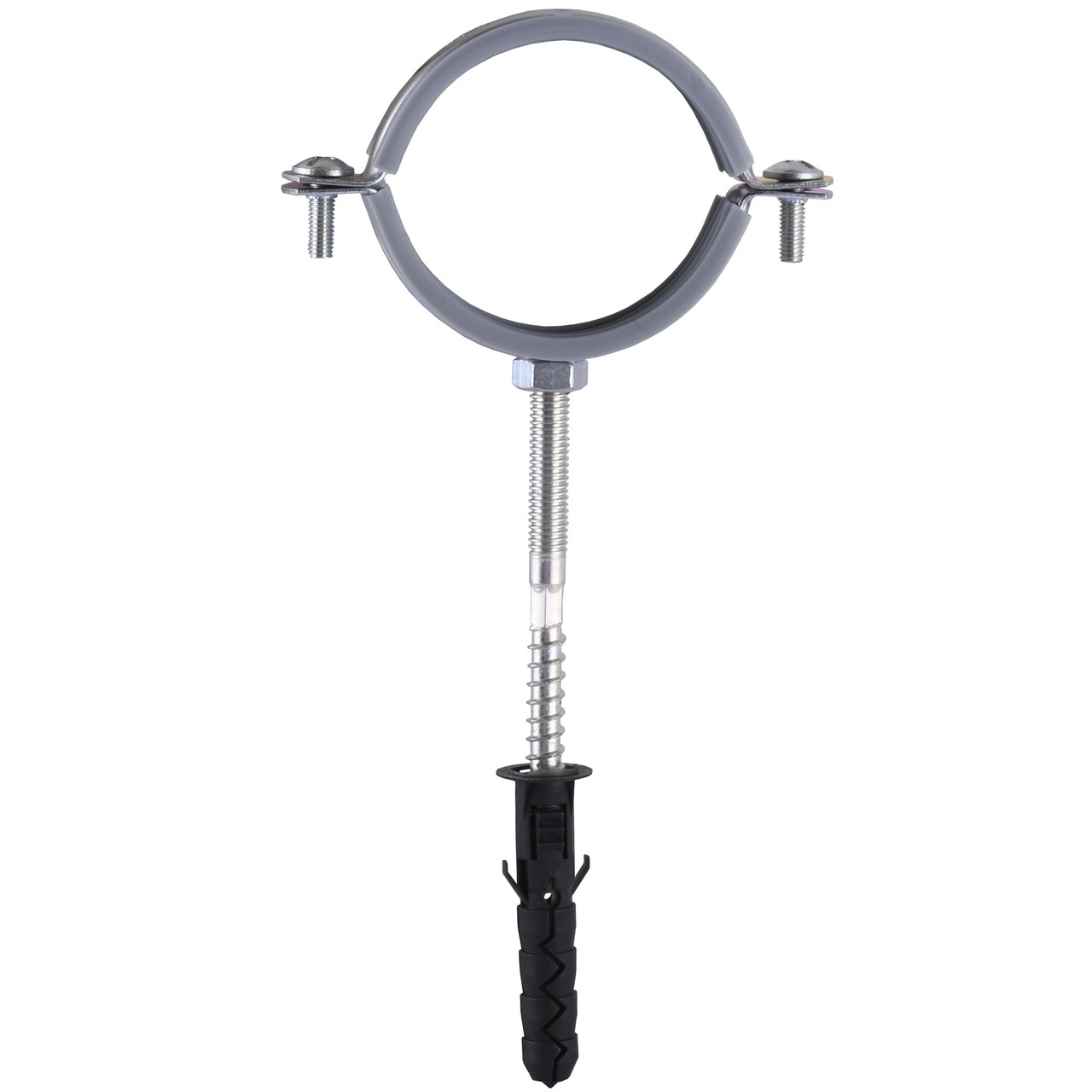 Хомут у зборі CR 2" (59-65 мм) з гвинтом-шурупом 8*100 і дюбелем у уп., сірий, фото 1