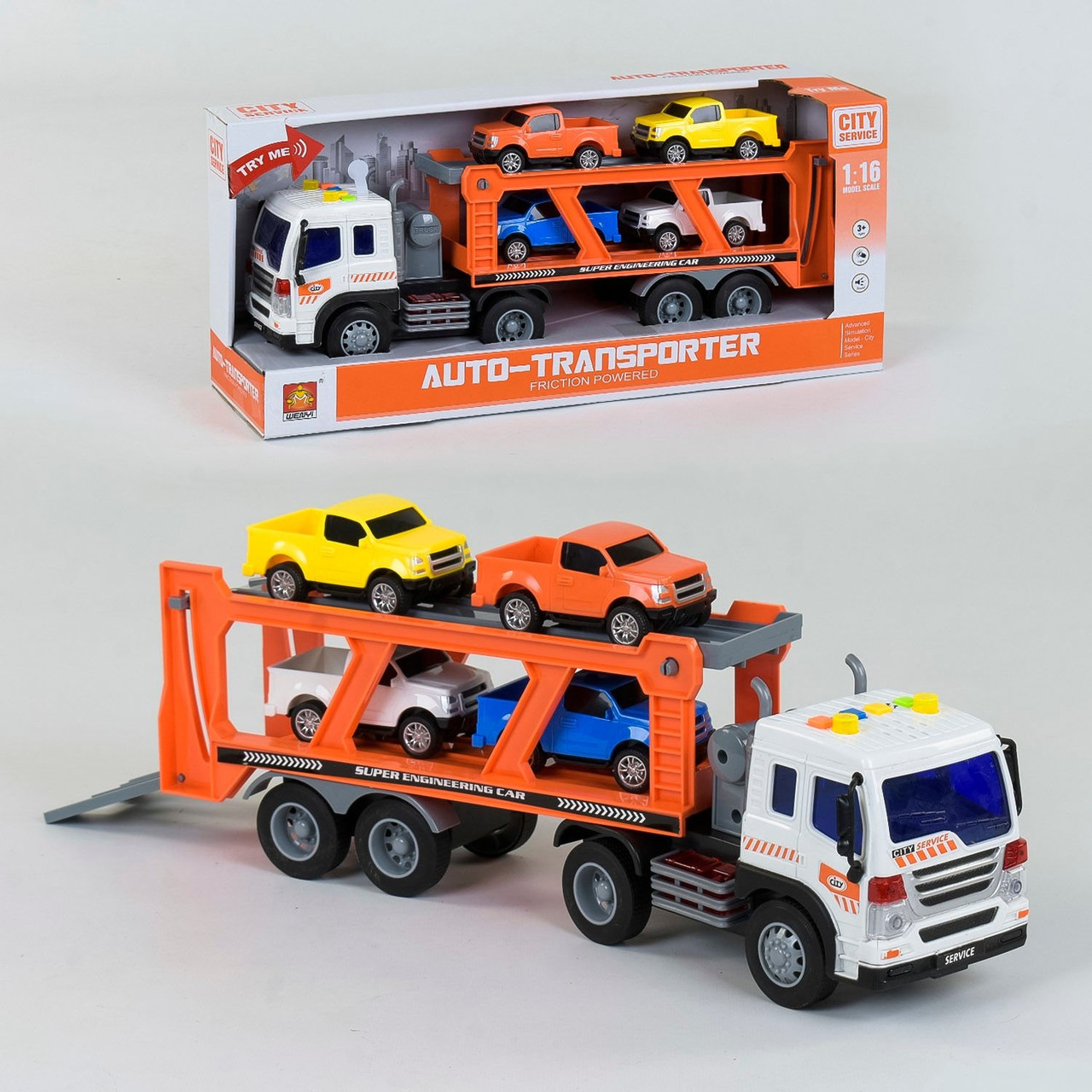 Машинка інерційна трейлер автовоз 1:16 Wenyi зі звуком та світлом WY-572A