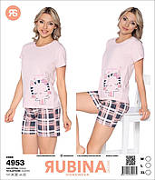 Пижама женская хлопковая шорты и футболка Котик в клетку Rubina Турция, розовый