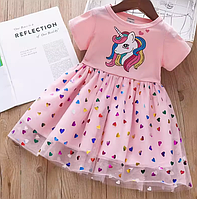 Летнее детское платье с единорогом розовое р.130