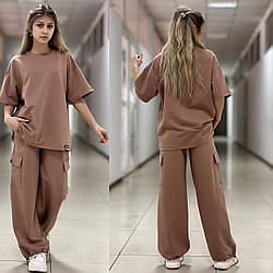 Підлітковий стильний костюм для дівчаток LOVE, футболка оверсайз і штани карго, розміри на зріст 134 — 160