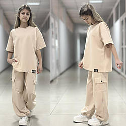 Підлітковий стильний костюм для дівчаток LOVE, футболка оверсайз і штани карго, розміри на зріст 134 — 160