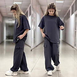 Підлітковий стильний костюм для дівчаток LOVE, футболка оверсайз і штани карго, розміри на зріст 134 — 160