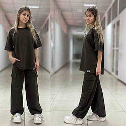 Підлітковий стильний костюм для дівчаток LOVE, футболка оверсайз і штани карго, розміри на зріст 134 — 160
