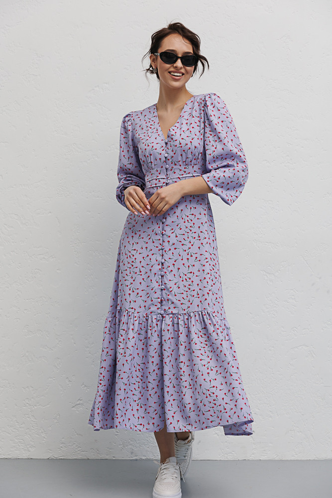 Квіткова сукня міді лавандова з ґудзиками спереду (L), фото 1