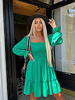 Зеленое нежное женское платье с длинным рукавом и воланами, летнее платье софт цвет трава