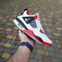 Чоловічі літні шкіряні кросівки Nike Air Jordan 4 високі Білі з червоним найк аір джордан 4 чудової якості