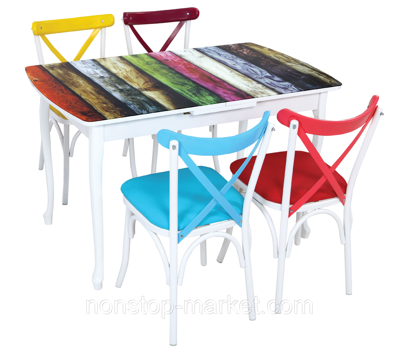 Комплект кухонный стол и стулья "Разноцветные доски" МДФ каленое стекло 75*130 деревянная нога (Лотос-М) - фото 1 - id-p386654101