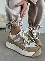 Женские весенние/осенние бежевые кроссовки на шнурках.Демисезонные бежевые женские кожаные кроссы