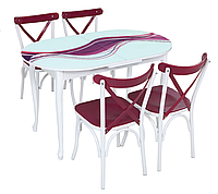 Комплект кухонный стол и стулья "Волна" МДФ каленое стекло 75*130 деревянная нога (Лотос-М)
