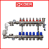 Коллектор для теплого пола в сборе на 7 контуров KOER (Чехия) латунь
