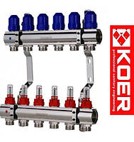 Коллектор для теплого пола на 6 контуров с расходомерами KOER (Чехия) латунь