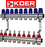 Колектор для теплої підлоги на 9 контурів з витратомірами KOER (Чехія) латунь