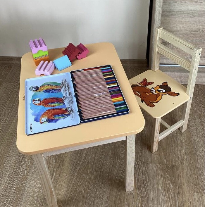 Стільчик із шухлядою і стілець дитячі жовтий оленя. Для гри, навчання, малювання.