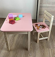 Детский стол с ящиком и стульчик детский розовый львёнок. Для игры, рисования, учебы.