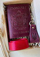 Подарочный набор кожаных аксессуаров с украинской символикой бордовый BlankNote
