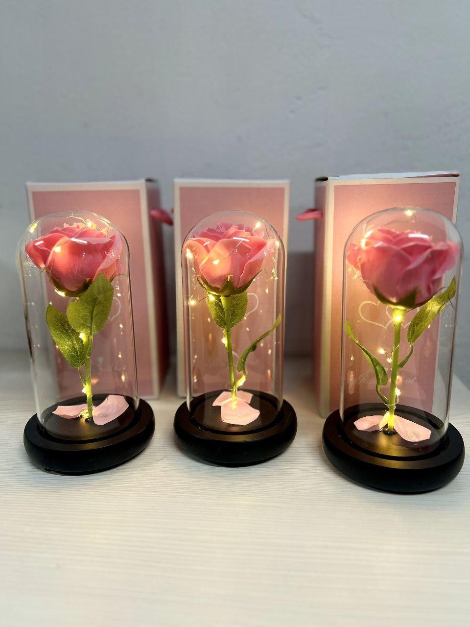Троянда в колбі під скляним куполом Рожева з підсвіткою Велика