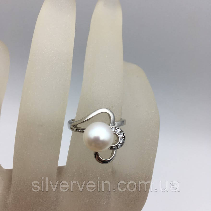 Срібне кільце культивовані перлина і фіаніт, фото 1