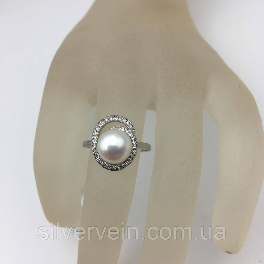 Срібне кільце культивовані перлина і фіаніт, фото 1