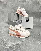 Детские белые с розовым кроссовки Puma на липучку для девочки с супинатором и кожаной стелькой. 22-24р.
