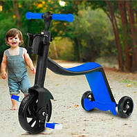Самокат-біговіл best mini scooter трансформер 3 в 1 з сидінням, Велосипед Scooter з кошиком 3в1 дитячий, синій