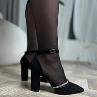 Туфлі жіночі на каблуку з гострим носиком чорні замшеві