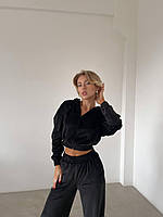 Женский велюровый костюм двойка кофта на змейке с капюшоном и широкие штаны Черный Голубой Розовый Черный, 42/44