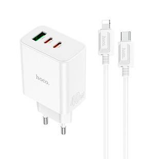 Адаптер мережевий HOCO Type-C to Lightning cable Pure power three-port C126A |1USB/2Type-C, 40W/3A, PD білий