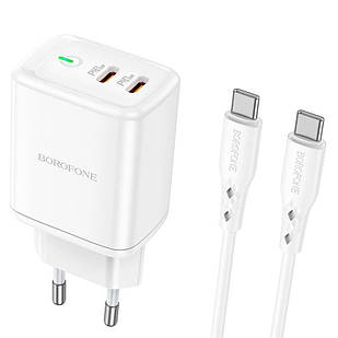 Адаптер мережевий BOROFONE Type-C to Type-C cable Reacher dual Port charger set BN9 |2Type-C, 35W/3A, PD/QC| білий