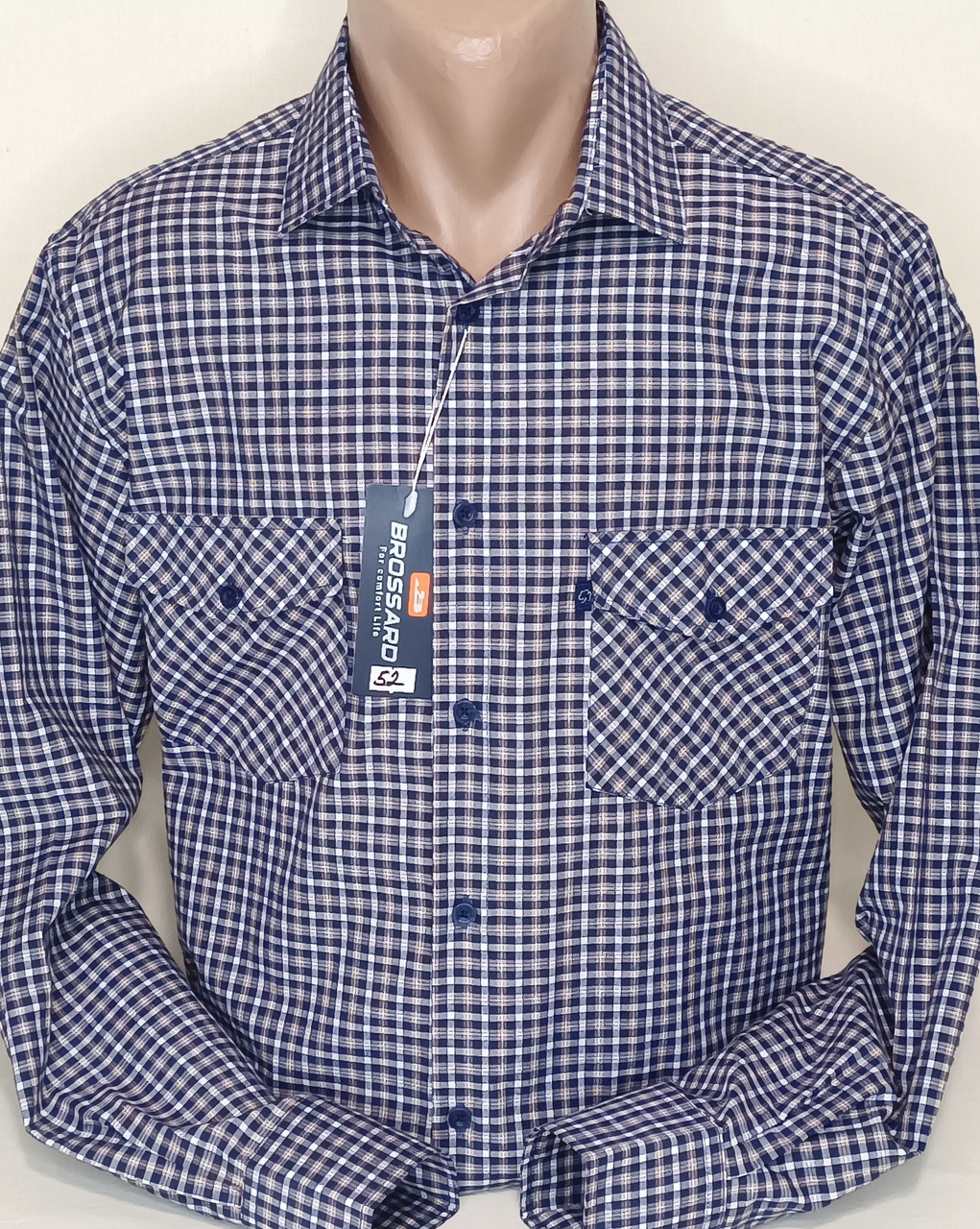 Чоловічі сорочки 100% бавовна Brossard vd-0052 класична синя клітина, чоловічі сорочки стильні натуральні
