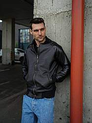 Бомбер чоловічий шкіряний стьобаний весна осінь ram чорний куртка чоловіча шкіряна стьобана весняна осіння