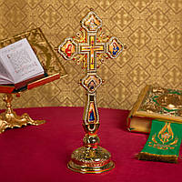 Крест напрестольный позолоченный греческий для священника с подставкой