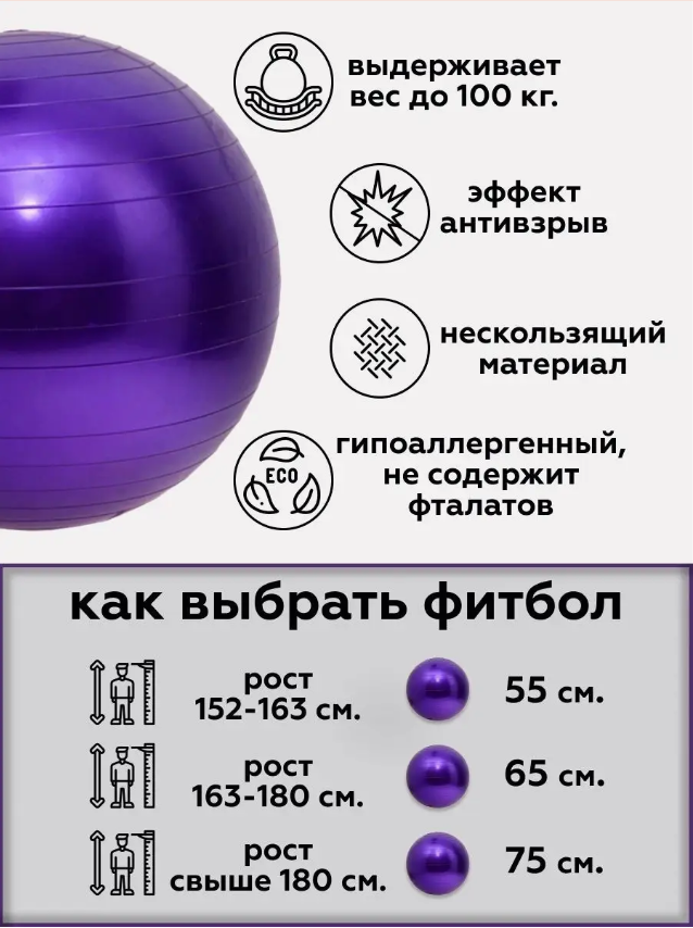Гимнастический мяч для беременных 75 см Фиолетовый, Мяч для фитнеса грудничков беременных, Шар для беременных - фото 3 - id-p2117893447