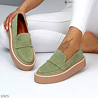 Современные яркие замшевые туфли лоферы цвет фисташковый хаки 38