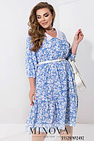 Чудесное платье голубого цвета с белым отложным воротником софт, больших размеров от 46 до 68