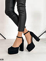 Женские черные замшевые туфли на высоком широком каблуке и платформе на ремешке