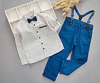 Нарядный синий костюм для мальчика с рубашкой, брюками и бабочкой. размеры 92,98