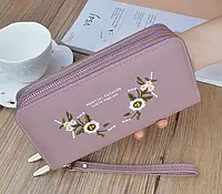 Модный женский кошелек клатч с вышивкой цветами на молнии Фиолетовый
