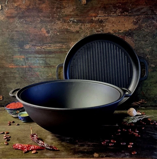 Казан чавунний узбецький 12 л WOK із кришкою-сковородою гриль "Наша Майстерня" (товстостінний), фото 1