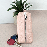 Ключниця жіноча шкіряна на блискавці Classic (рожеві квіти) з карабіном